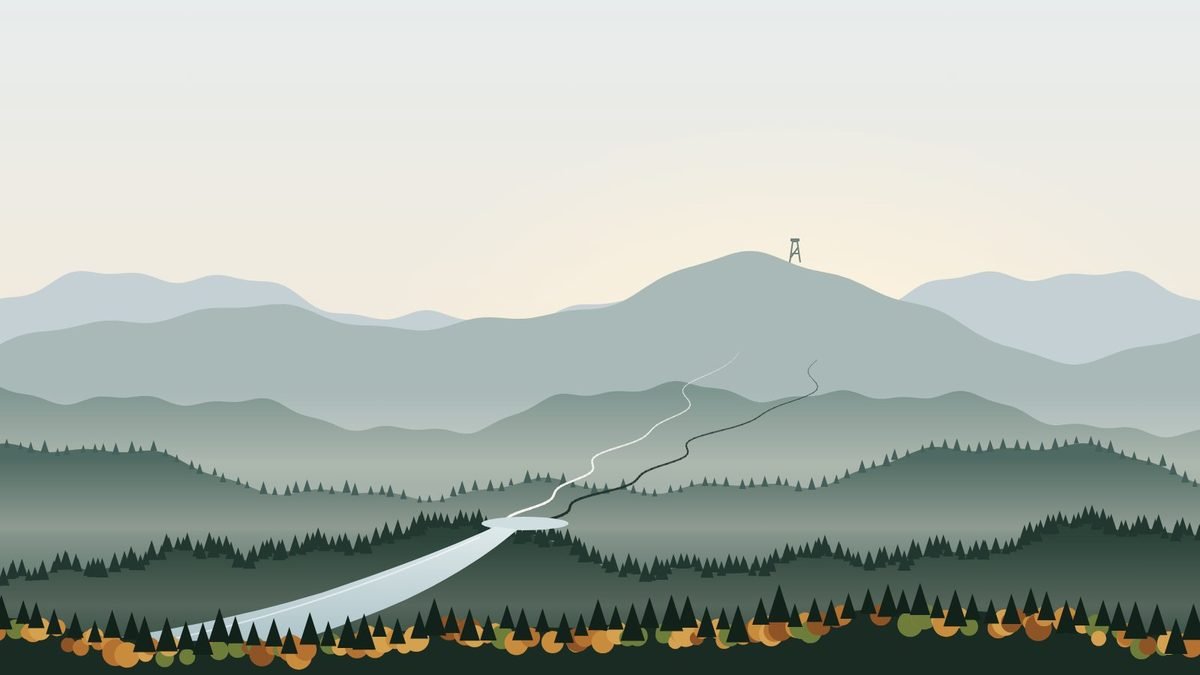 Ilustracja: zalesione grzbiety Beskidu Śląskiego jesienią; na najwyższym szczycie stoi wieża widokowa, a z gór spływają dwa potoki, jasny i ciemny, które łączą się w rzekę.
